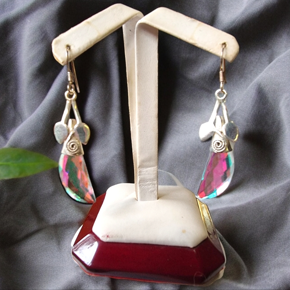 Sterling Silver Rainbow Moonstone Dangle Earrings.